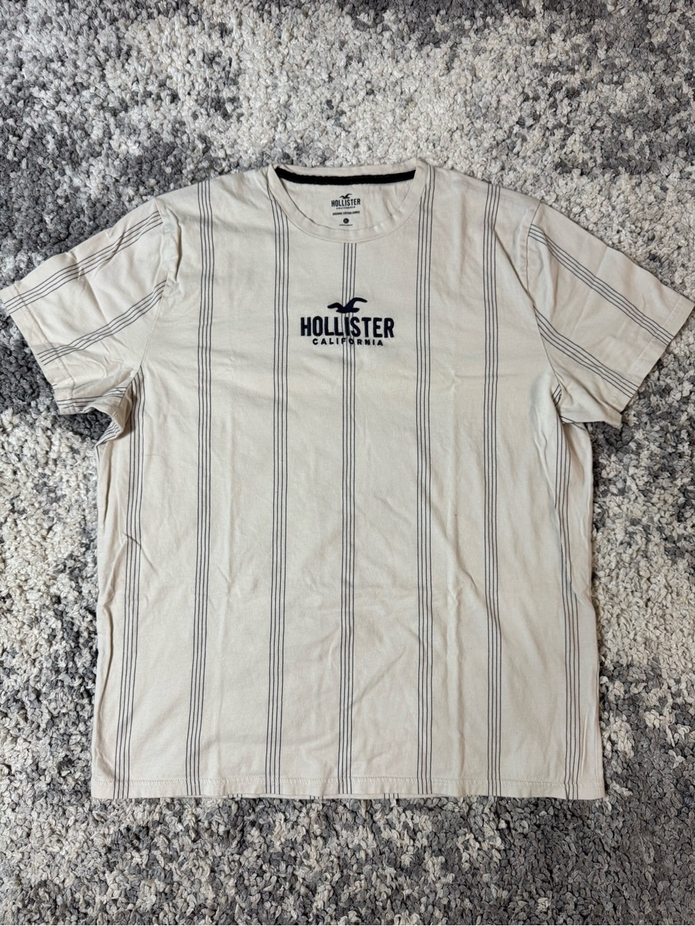 Hollister, Men's Cream Brown Stripe Logo Short Sleeve T‑Shirt, XL